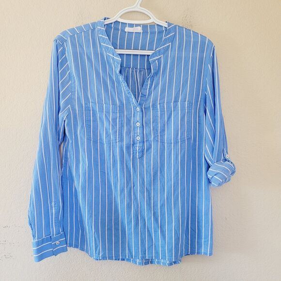 Carve Designs Organic Cotton Shirt M Roll Tab Sleeve Dylan Gauze Popover Stripe - Picture 1 of 8